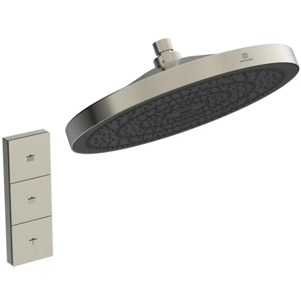 Duschkopf von Ideal Standard mit runder, flacher Form und strukturiertem Kopfbereich. Neben dem Duschkopf befindet sich eine Steuerungseinheit mit drei Funktionen.